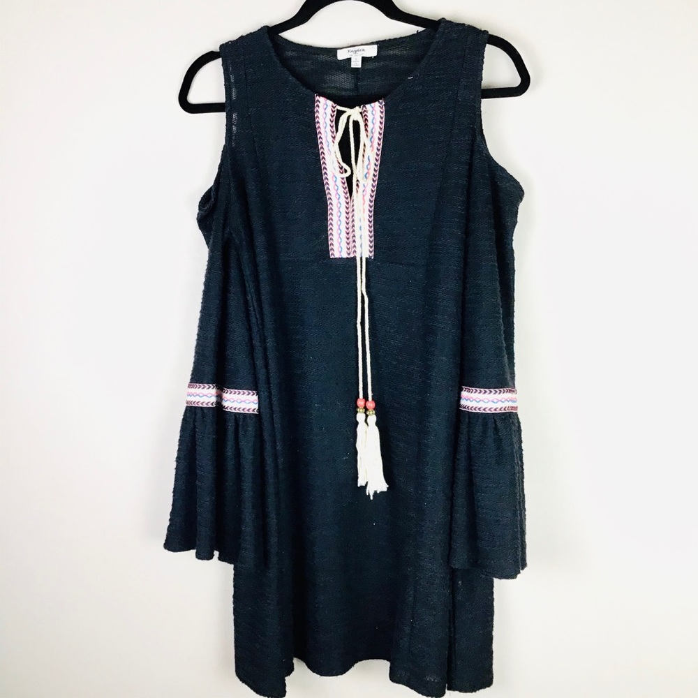 BOHO Bell Sleeve Embroidered Mini Dress Tunic S